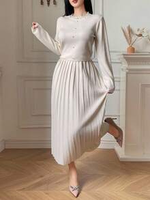 DAZY Bộ áo len cardigan cổ tròn màu trơn thanh lịch và chân váy xếp ly 2 món cho nữ, mùa thu - Màu be - Xem 4