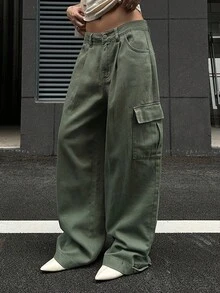 DAZY Retro American Design Loose Fit Multi-Pocket Casual Cargo Jeans For Women - Olive Green - View 1