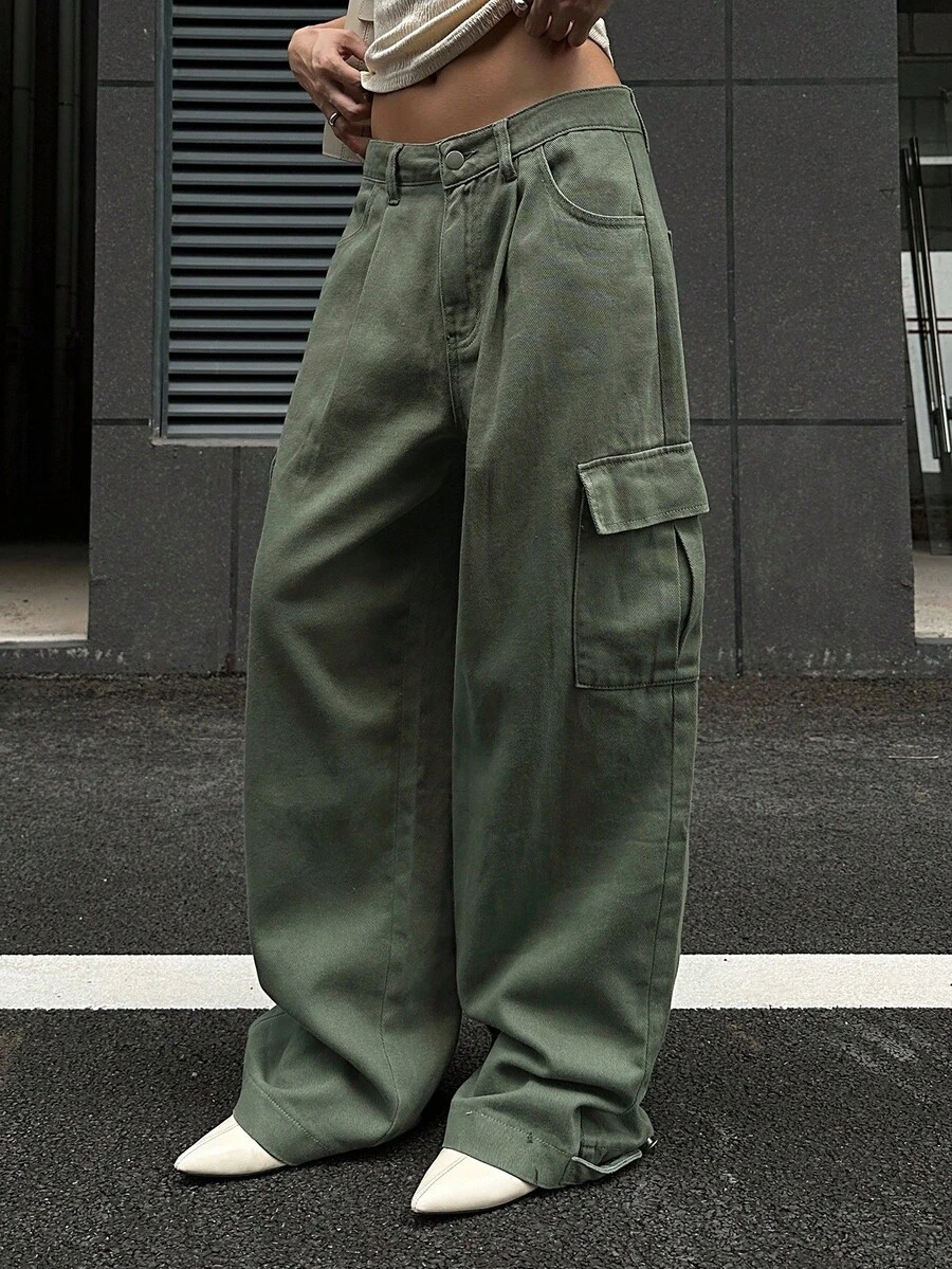 DAZY Retro American Design Loose Fit Multi-Pocket Casual Cargo Jeans For Women - Olive Green - View 1