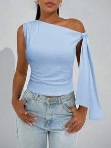 Firerie 女式春季优雅浪漫时尚通勤性感优雅风格，适合派对、度假、浪漫约会和婚礼生日，针织纹理不对称颈带紧身杏色 T 恤 - 淺藍色 - 查看 3