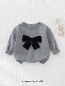 Cozy Pixies Maglione a girocollo con spalle a goccia, decorato con fiocco e blocchi di colore, casual e versatile per autunno/inverno, per bambina