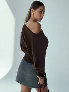 Aloruh New Sexy Bat Wing Sleeve Crew Neck Knit Sweater, Loose Top Tight Bottom Slimming, Versatile Retro Burgundy Pullover In Fall/Winter,Brown Sweater,Brown Top - Coffee Brown - View 6