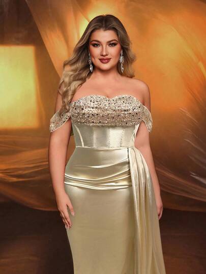 Glamrae 加大码优雅奢华酒红色露肩袖亮片拼接弹力缎面褶皱侧开衩鱼尾连衣裙，适合婚礼、派对、节日、庆典、晚会