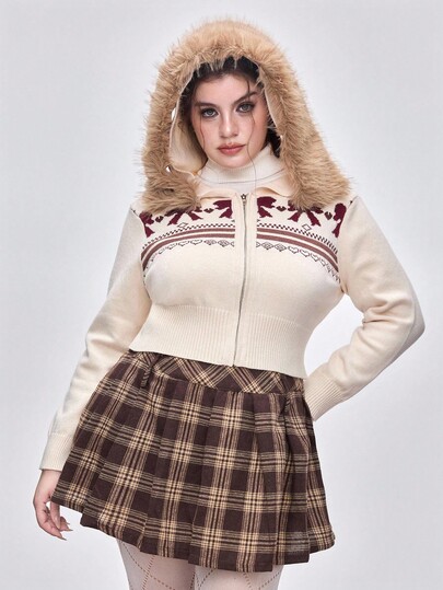 Kawaii Cárdigan corto con cuello de piel sintética y estampado Fair Isle, para invierno, talla grande