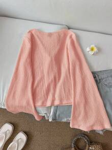 SHEIN LUNE Áo nữ kiểu dáng thường ngày, buộc dây phía trước, màu trơn, chất liệu vải dệt kim, tay loe, thích hợp mặc mùa thu, có nơ, kiểu dáng dễ thương, phong cách cottagecore, áo len. - Bụi hồng - Xem 2