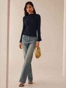 Lilora Áo len bodycon tay dài xẻ tà trang trí kim loại cho mùa thu/đông - Màu xanh hải quân - Xem 4