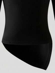 Conjunto de 2 piezas de mujer con blusa negra de manga larga asimétrica con hombros descubiertos y falda de burbujas con flores 3D, para vacaciones - Negro - Ver 6