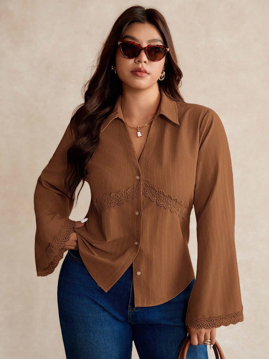 Elaquor Kemeja Lengan Panjang Polos Ukuran Besar/Musim Gugur/Musim Dingin Blus Cokelat Ukuran Besar Kemeja Kancing Depan Cokelat untuk Wanita - Coklat - View 1