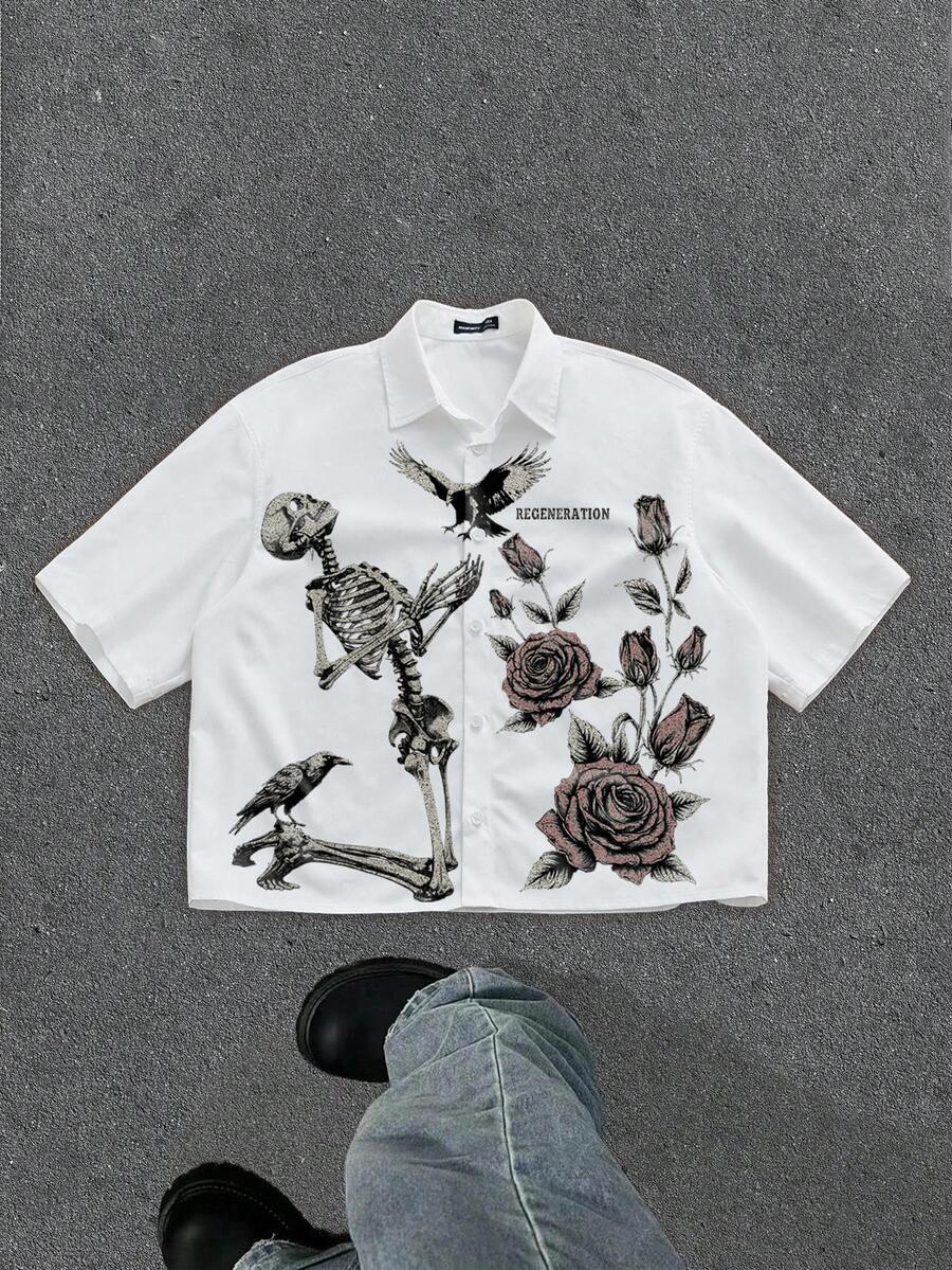 Manfinity ZONE917 ZONE917 Loose Cropped Skull & Flower Print White Short Sleeve Shirt