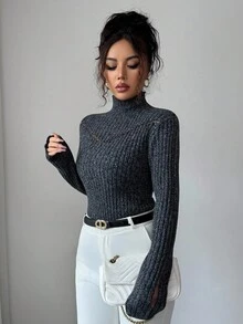 SHEIN Elenzya 女士时尚优雅立领长袖精致毛衣 - 深灰色 - 查看 3