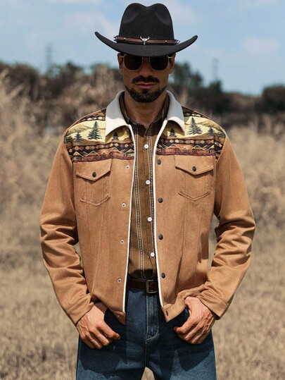 Manfinity Nomadique Chaqueta de forro polar con estampado gráfico, bolsillo delantero y botones, estilo western, para hombre, para otoño/invierno