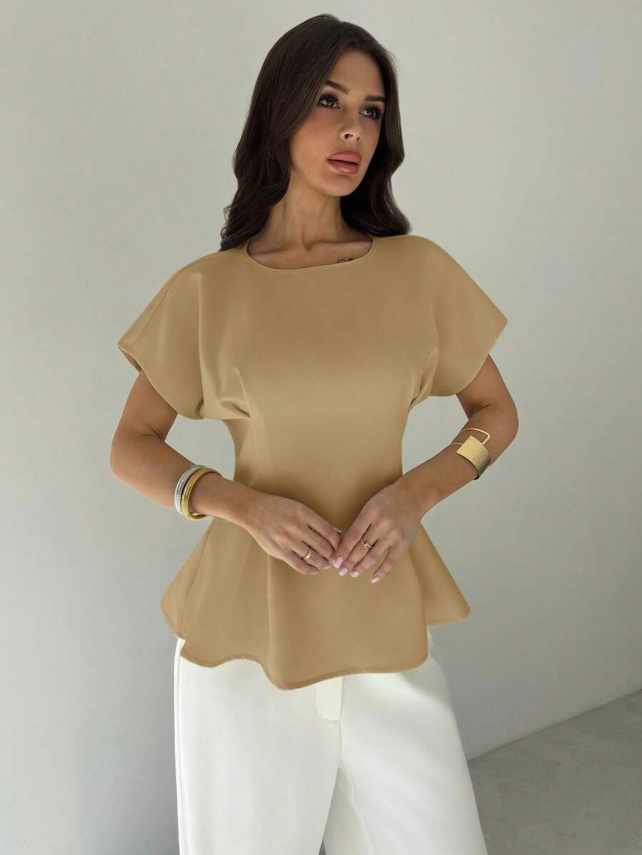 Firerie Áo sơ mi nữ cổ tròn tay ngắn thắt eo xếp ly thiết kế chữ X, phong cách cổ điển, mùa tốt nghiệp, đa năng, mặc đi làm và đi nghỉ, mùa hè - Lạc đà - Xem 1