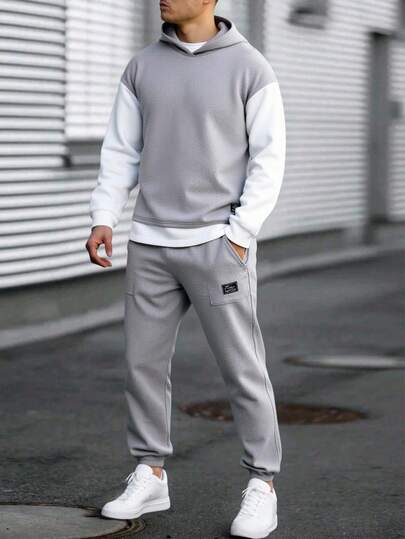 2 件套休闲纹理面料撞色拼接连帽运动衫套装，适合青少年男孩，适合休闲、通勤、上学、运动穿着