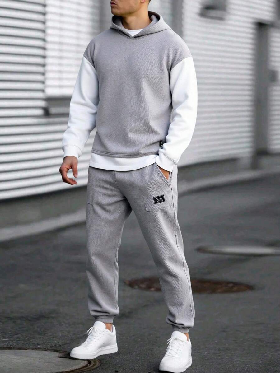 青少年男孩休閒寬鬆紋理對比色拼接連帽衛衣套裝,灰色,秋季,秋冬冬季校園通勤六年級派對 - 灰色 - 查看 1