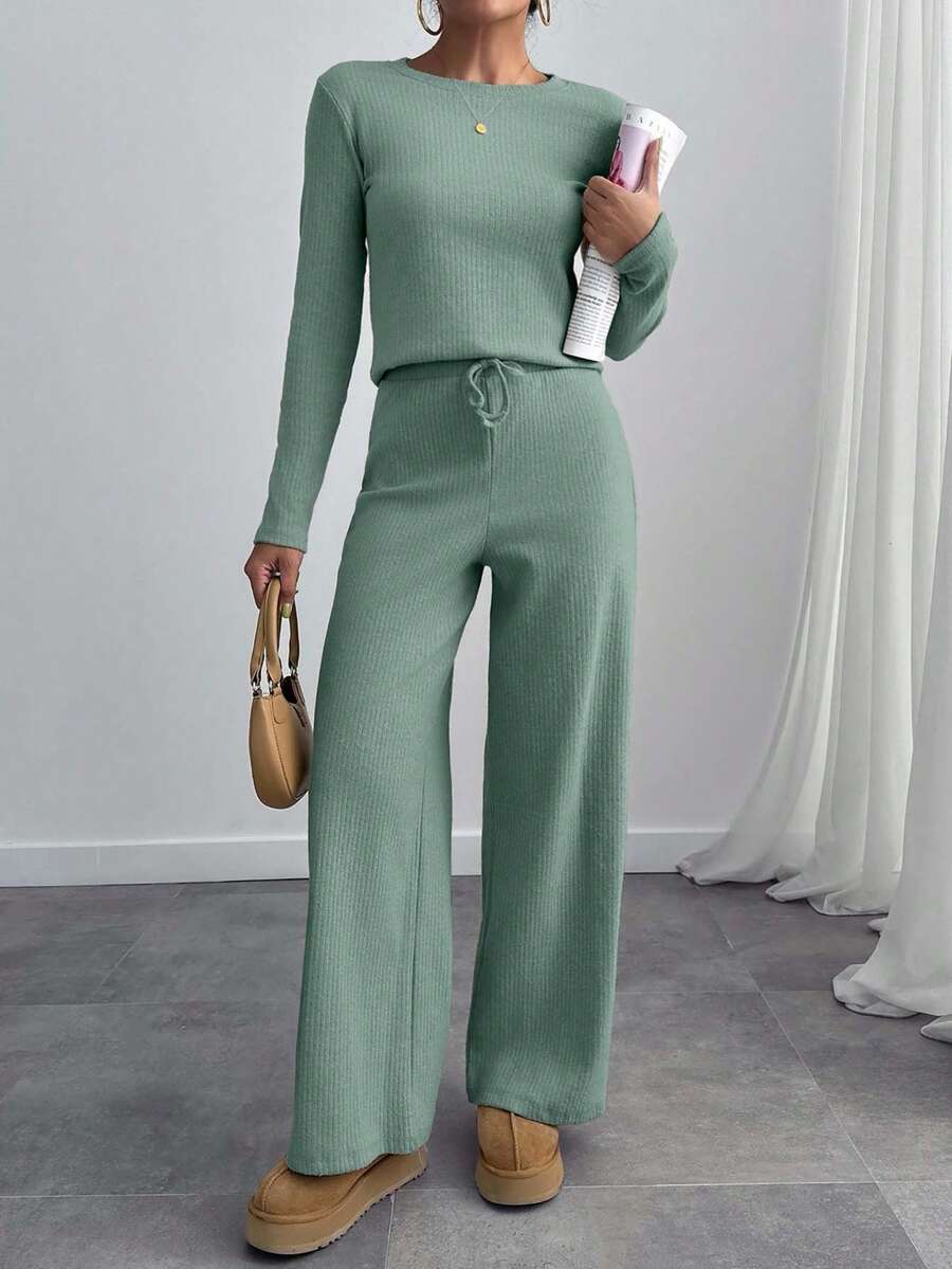 EURMUSE Women Solid Color Crew Neck Long Sleeve Fashionable Versatile Two Pieces Top And Pant Set Lounge Sage Green Autumn Casual - Mint Green - View 1