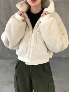 FRIFUL 女式白色羊羔绒领钻石绗缝宽松休闲下摆罗纹棉服外套，带大口袋，秋季夹克 - 白色 - 查看 6