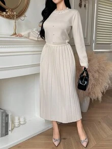 DAZY Bộ áo len cardigan cổ tròn màu trơn thanh lịch và chân váy xếp ly 2 món cho nữ, mùa thu - Màu be - Xem 6