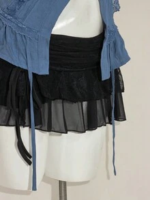 SHEIN ICON Y2k Women's Western Country Concert Boho Dark Blue Beige Goth Summer Casual Lace Trim Blouse