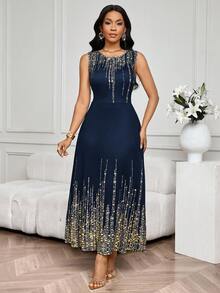 SHEIN Lady 2025 New Women's Elegant Sleeveless Full Print Round Neck Navy Blue Dress - Navy Blue - View 6