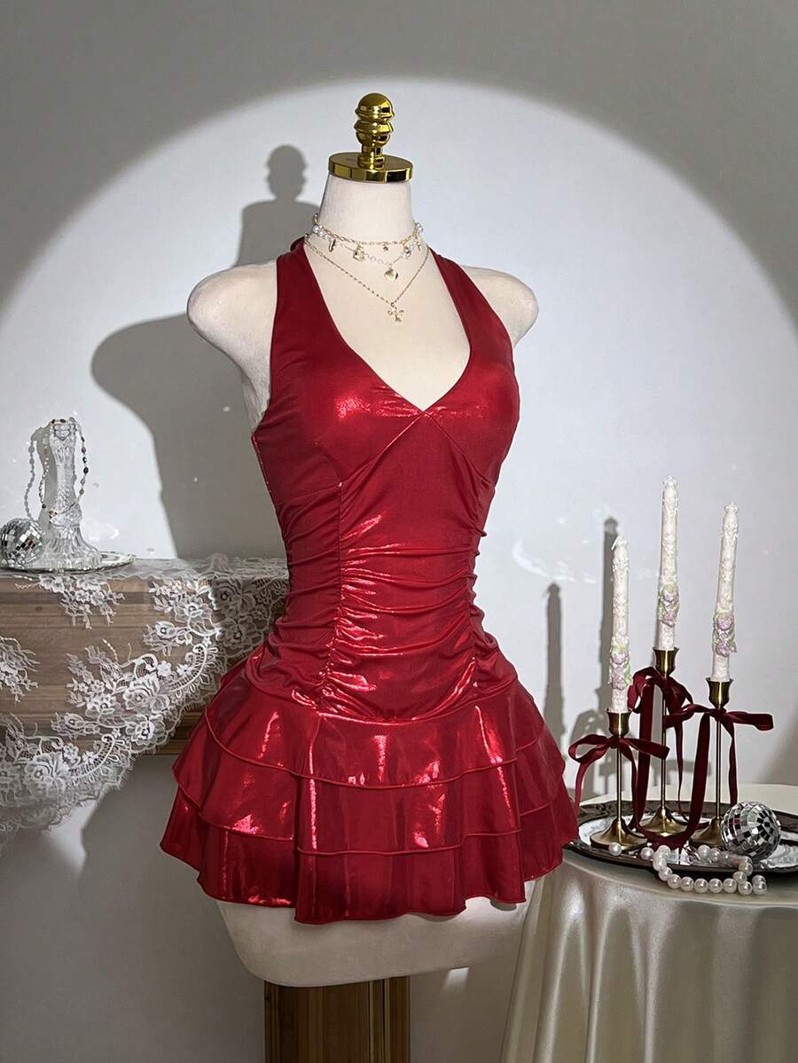 Elamini 1 件闪亮多层挂脖修身迷人性感迷你连衣裙，适合圣诞派对，红色 - 酒紅色 - 查看 1