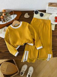 SHEIN 2pcs/Set Young Girl' Casual Contrast Color Patchwork Top And Pants With Slit Hem, Suitable For Spring, Autumn, Winter - Yellow - View 1