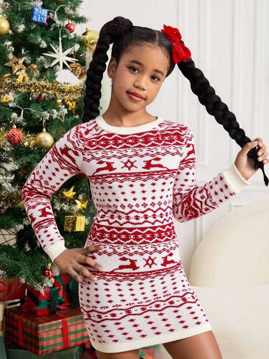 Tween Girl Casual Fitted Long Sleeve Crew Neck Sweater Dress Christmas Sweater Dress Autumn Winter Clothes For Girl - Beige - View 1