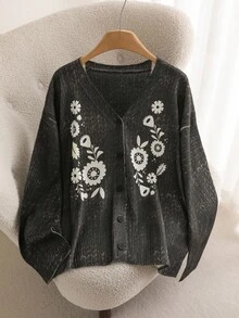 CosyJoli كارديجان محبوك مطبوع بتصميم بسيط وأنيق للنساء ذوات الأحجام الكبيرة، بألوان داكنة، مناسب للخريف والشتاء