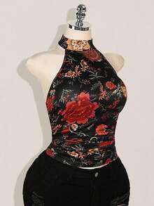 SHEIN ICON Áo hở lưng in hoa gợi cảm cổ yếm phong cách miền Tây Boho Y2K mùa hè dành cho nữ, mùa hè - màu đen - Xem 5