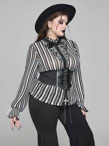 ROMWE Gothic Style Ruffle Trim Striped Blouse, School Inspired Plus Size Women Shirt - Black and White - View 7