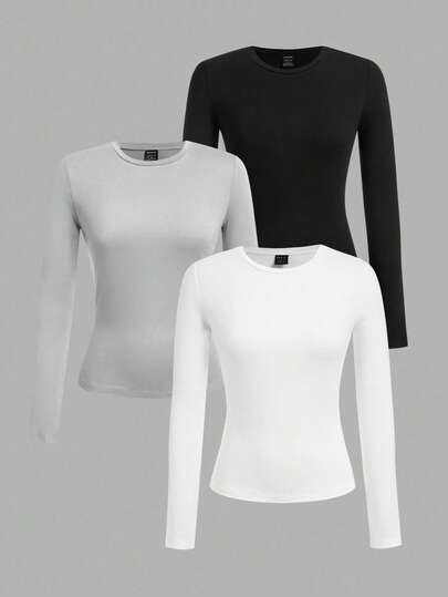 SHEIN EZwear 3pcs/Set Plus Size Women Crew Neck Casual Slim Fit Long Sleeve T-Shirt Set, Solid Color, Suitable For Autumn/Winter, Layering, Outdoor, Undershirt