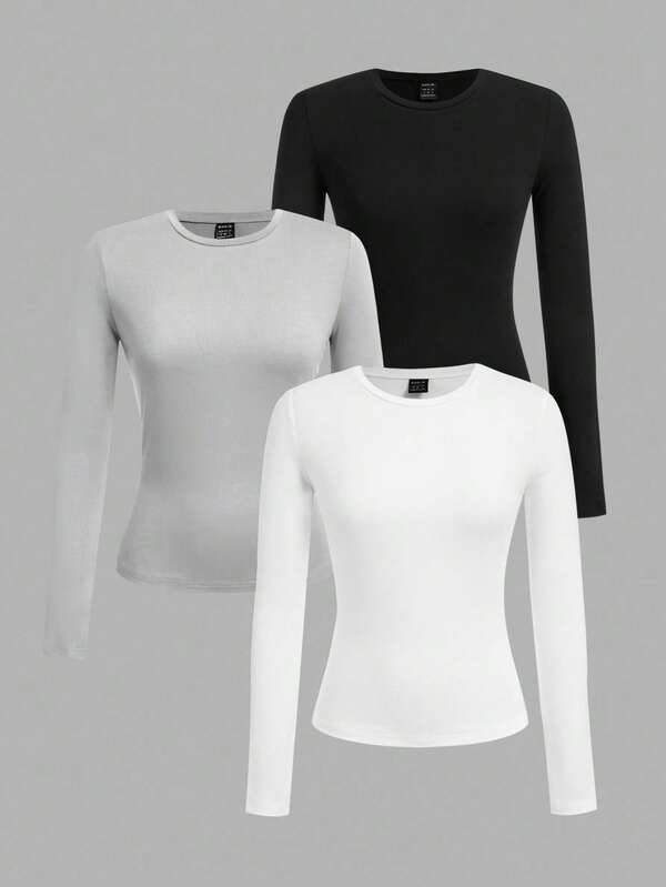 SHEIN EZwear 3pcs/Set Plus Size Women Crew Neck Casual Slim Fit Long Sleeve T-Shirt Set, Solid Color, Suitable For Autumn/Winter, Layering, Outdoor, Undershirt