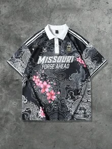 ROMWE MEN Prep 男士街头图案印花 Polo 衫，适合日常穿着，春夏季