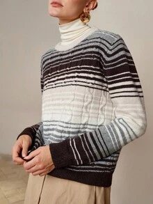 SHEIN LUNE 优雅圆领长袖多色扭绳宽松羊毛套头衫，适合女士通勤，秋冬 - 彩色 - 查看 3