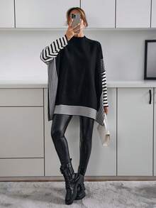 EURMUSE Women Stripe Pattern Round Neck Drop Shoulder Oversize Pullover Oversized Tops Sweaters For Women Plus Oversized Sweatshirt Woman Jumper For Woman Modest Tops For Women - Black - View 5