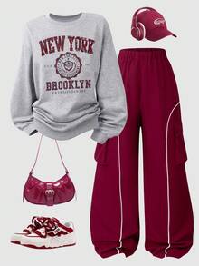 Sparklyn 2 件套青少年女孩字母图案运动衫上衣和大口袋直筒工装裤，休闲街头风格服装，秋季 - 紅色 - 查看 1