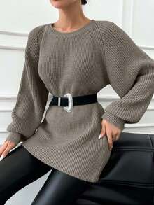 EURMUSE Women's Autumn/Winter Minimalist Casual Solid Color Ribbed Knit Raglan Sleeve Sweater - Maroon - View 6