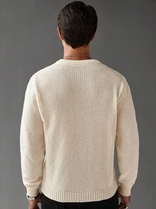 Manfinity Homme Pull col rond unicolore à manches longues pour hommes, pull casual. Pull en maille gaufrée pour l'automne/hiver, idéal pour les vacances - Beige - Voir 2