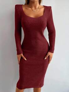 EURMUSE Women's Autumn Commuter Simple Solid Color Keyhole Neck Fitted Sweater Dress - Burgundy - View 5