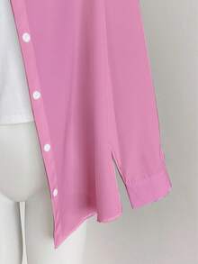 Resyla 女式纯色前扣休闲宽松长袖衬衫 - 粉色 - 查看 3