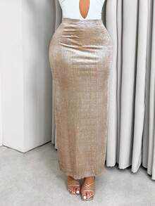 Sirith Chân váy bút chì nhung lấp lánh thời trang thanh lịch cạp chun cho nữ - Màu be - Xem 3