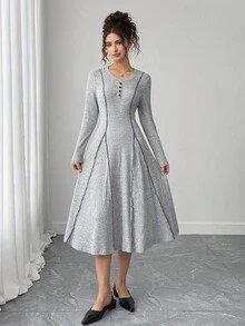 青少年女孩圆领针织休闲罗纹拼布开衩长袖紧身连衣裙，适合春秋季节日常休闲穿着 - 淺灰色 - 查看 6