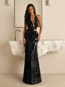 Vowa Modisch, sexy, avantgardistisch, Mesh, glänzend, pflaumenlila, burgunderrot, Pailletten-Stoff, Metallschnallen-Dekor, Cut-Out, rückenlos, Mini A-Linien Rock, geeignet für Nachtclub, Party, Urlaub, Cocktailparty, Check-In, formeller Tanz