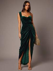 Silquee 天鹅绒不对称下摆细肩带高开衩连衣裙 - 綠色 - 查看 6