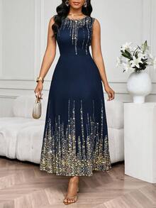 SHEIN Lady 2025 New Women's Elegant Sleeveless Full Print Round Neck Navy Blue Dress - Navy Blue - View 3