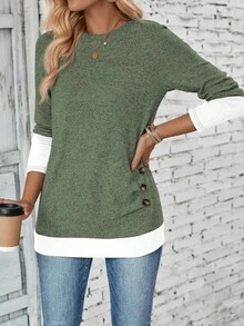 EMERY ROSE 女士休闲撞色拼布二合一 T 恤，秋季图案 T 恤女士上衣 - 軍綠色 - 查看 3