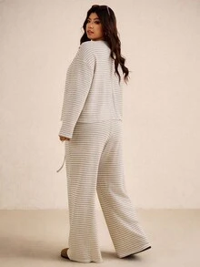 Elaquor Plus Size Striped Long Sleeve Top And Pants Two Pieces Casual Vacation Set Clothes For Women Spring