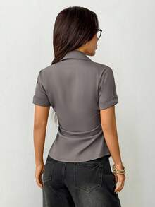 SHEIN PETITE 白色女式衬衫腰部收褶短袖衬衫 - 灰色 - 查看 2