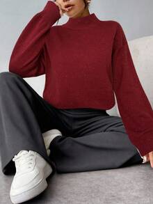 Firerie Sweater Lengan Panjang Kerah Tinggi Minimalis Warna Polos untuk Wanita, Cocok untuk Pakaian Sehari-hari di Musim Gugur/Dingin - Burgundy - View 7