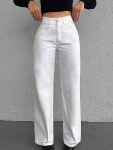 SHEIN Jean droit casual taille haute petite taille - Blanc - Voir 1
