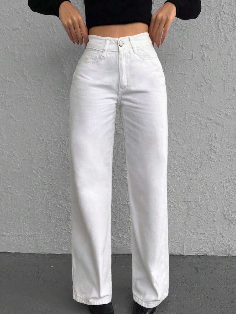 SHEIN Jean droit casual taille haute petite taille - Blanc - Voir 1